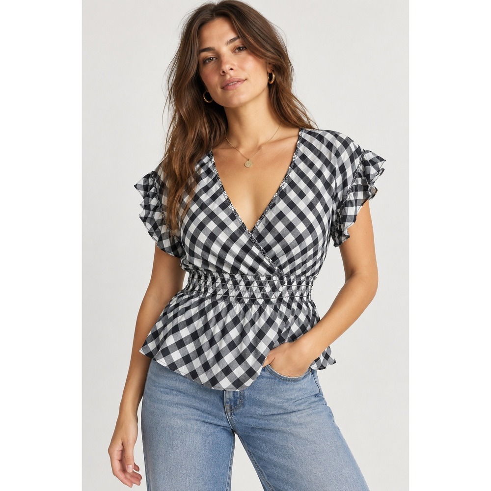 Max Studio Black White Gingham Wrap Peplum Top M Cottage Twee French Girl Retro